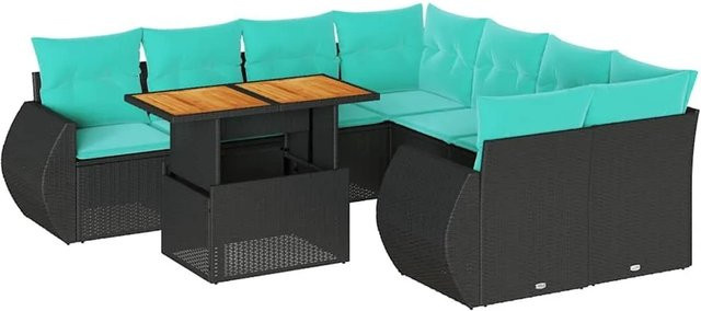 vidaXL 9-teilige Garten-Sofagarnitur aus Poly-Rattan und Akazienholz in Schwarz mit Kissen - Bild 1