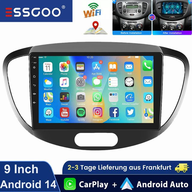 ESSGOO Android 14 Autoradio für Hyundai i10 2007–2013 mit 9 Zoll IPS-Touchscreen, Wireless CarPlay, Android Auto, GPS-Navigation, Bluetooth, WiFi und Lenkradsteuerung in Schwarz - Bild 1
