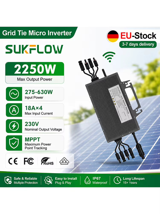 SUKFLOW Netzgekoppelter Mikro-Wechselrichter mit integriertem WLAN und MPPT, 2250W/1200W, Grau - Bild 1