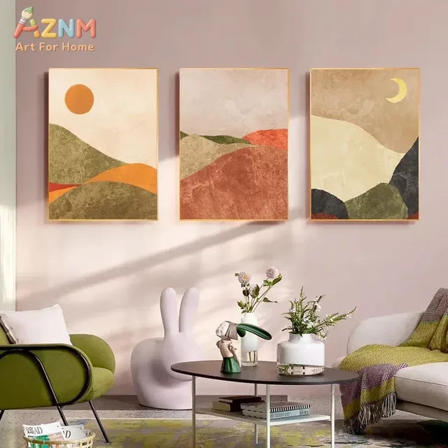 Kayou Abstrakte Landschafts-Leinwandmalerei mit Sonne und Mond als Boho Wandkunst in Mehrfarbig - Bild 1