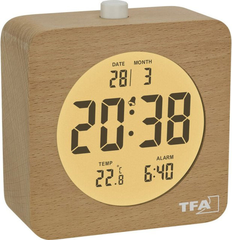 TFA Dostmann Digitaler Quarz Wecker aus Holz in Braun mit Beleuchtung, Thermometer und Datumsanzeige - Bild 1