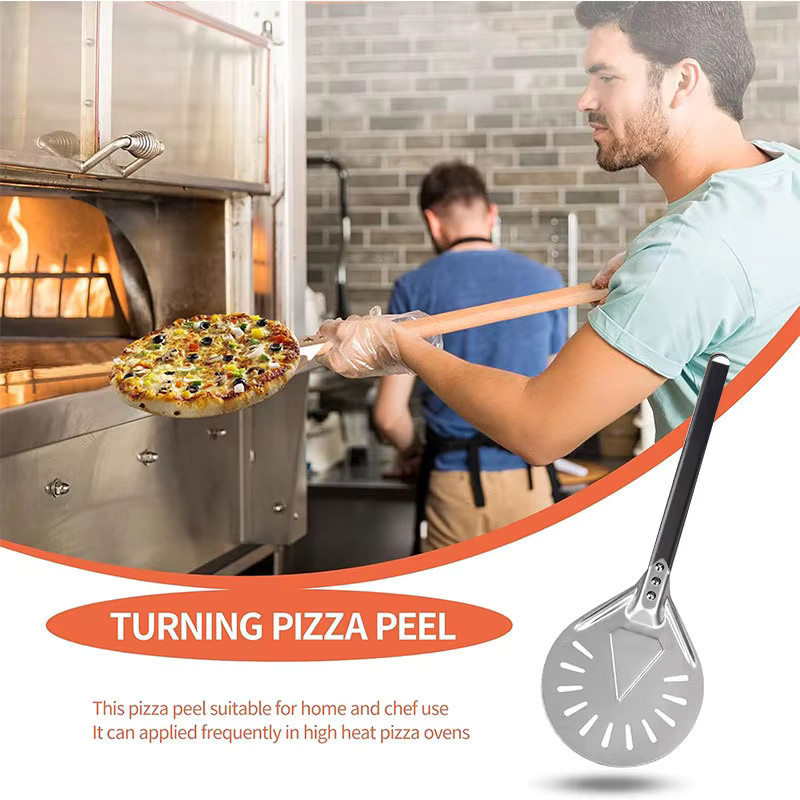 PGY Pizza-Schieber aus perforiertem Aluminium in Silber, rund mit langem Griff - Bild 4
