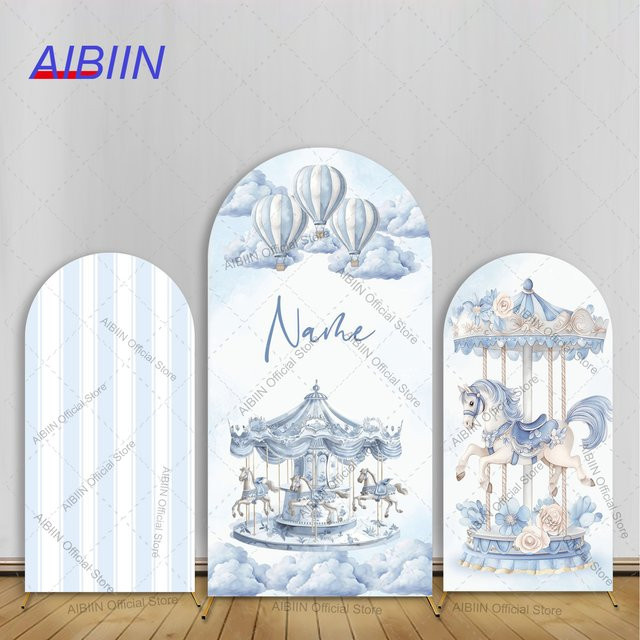 AIBIIN Personalisierter Babyparty-Hintergrundbezug mit Heißluftballon und Wolken, Blau und Rosa Gestreift, B/H: 120 x 50 cm - Bild 1