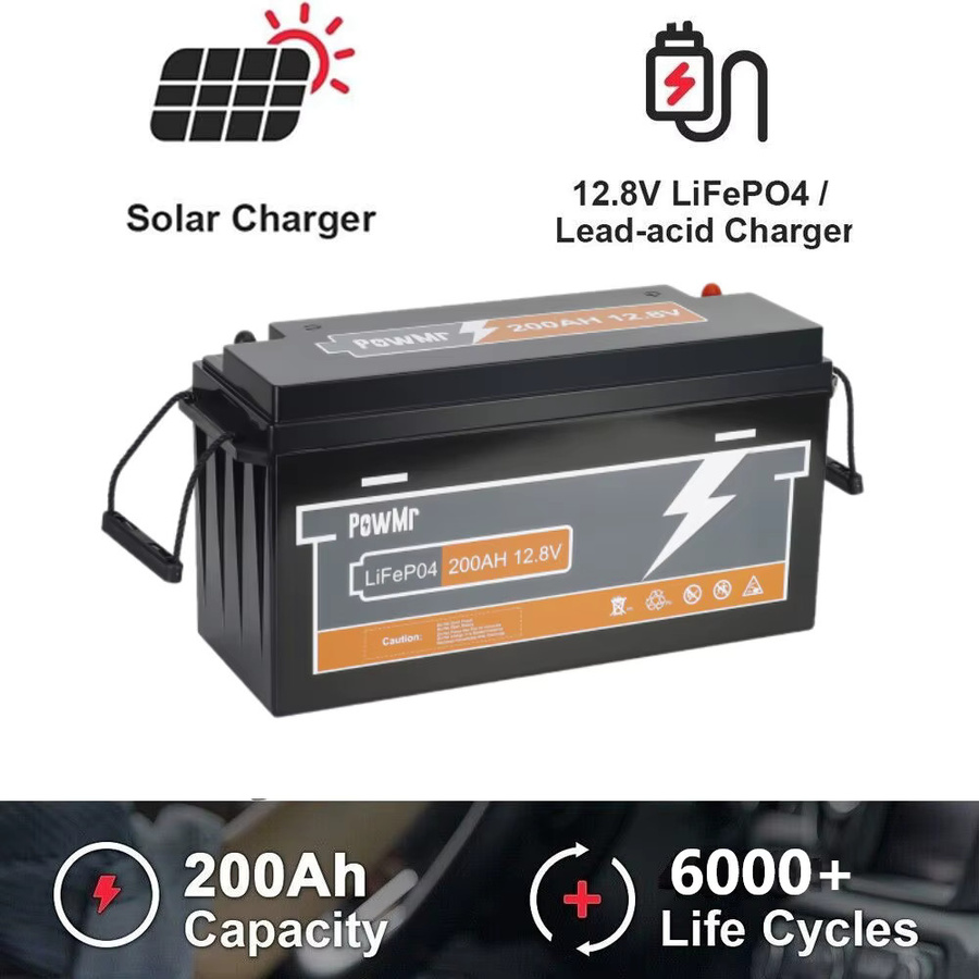 PowMr LiFePO4 Batterie 12,8V 200Ah mit integriertem BMS 2560Wh Deep-Cycle Lithium-Eisenphosphat-Batterie in Schwarz für Solarenergiespeicher, Wohnmobile, Boote, Off-Grid und USV - Bild 2