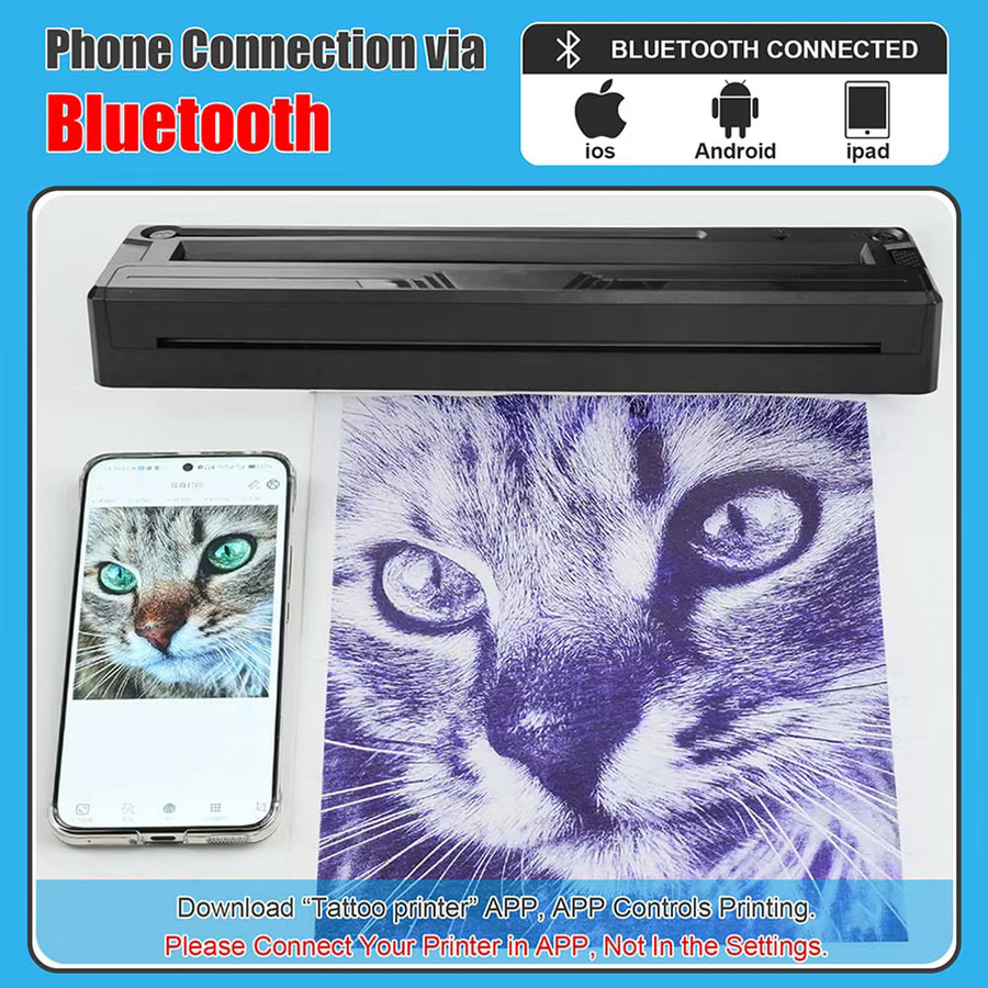 Usiriy Drahtloser Tattoo Transfer Drucker mit Bluetooth und Thermodruck inklusive 10 Stück Transferpapier in Schwarz - Bild 3