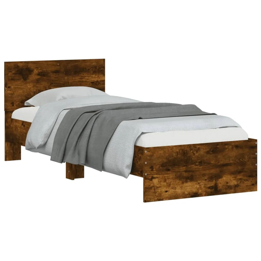 vidaXL Bettgestell mit Kopfteil in Räuchereiche mit LED-Leuchten und USB-Ladeport, Farbe: Braun, B/H: 90 x 203 cm - Bild 2
