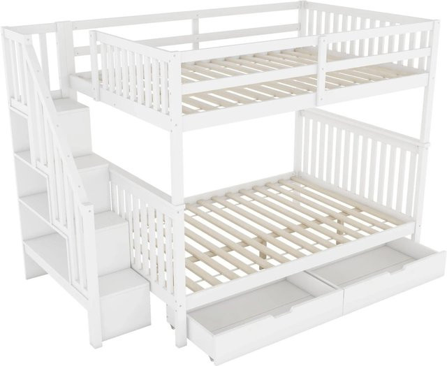 KOMHTOM Etagenbett für Kinder mit Treppenablage und zwei Schubladen in Weiß, B/T/H: 140 x 200 x 160,5 cm - Bild 1