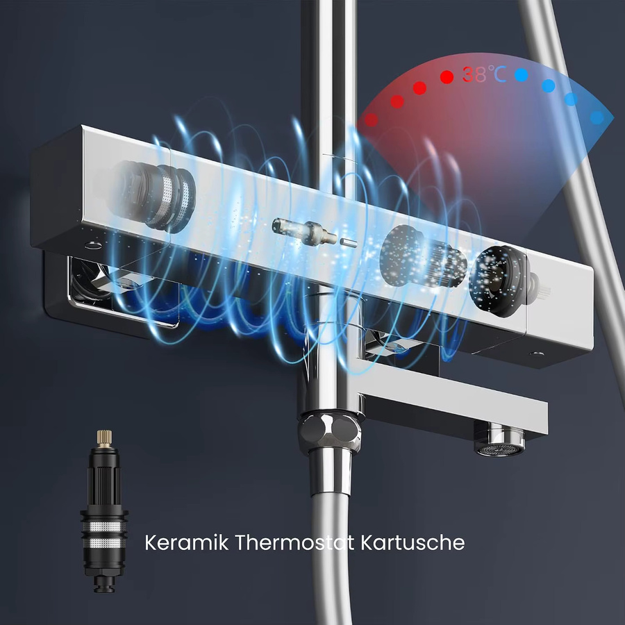PPA Wasserweg Duschsystem mit Thermostat und Regendusche in Schwarz/Chrom inklusive Handbrause und Verbrühungsschutz, Breite: 30 cm - Bild 4