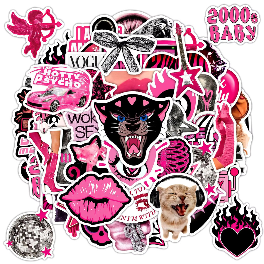 50 Stück Retro Y2K Aufkleber im Ins-Style, wasserfeste PVC-Sticker in Schwarz und Rosa für Skateboard, Handy und Gepäck - Bild 3