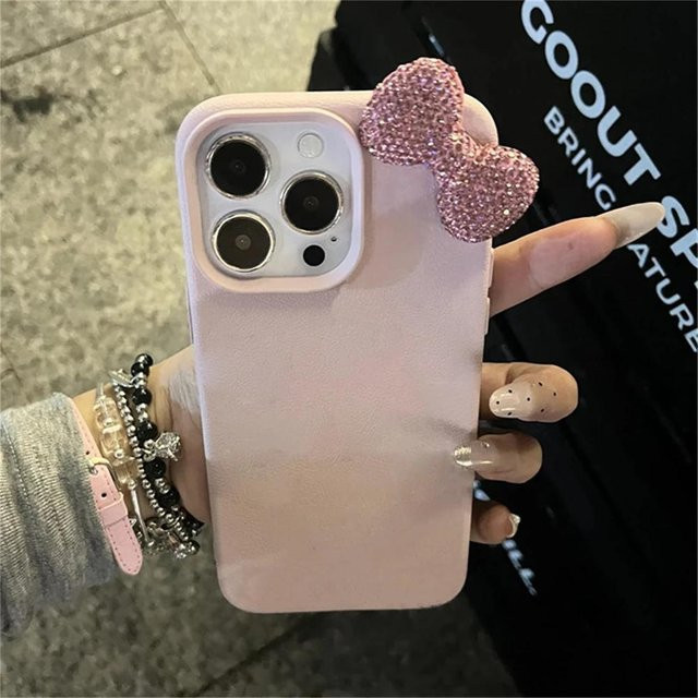 Luxus iPhone Hülle aus PU Leder mit 3D Strass Schleife und Litschi Muster in Grau für iPhone 16 15 14 13 12 11 Pro Max Mini X XR 7 8 Plus SE - Bild 1