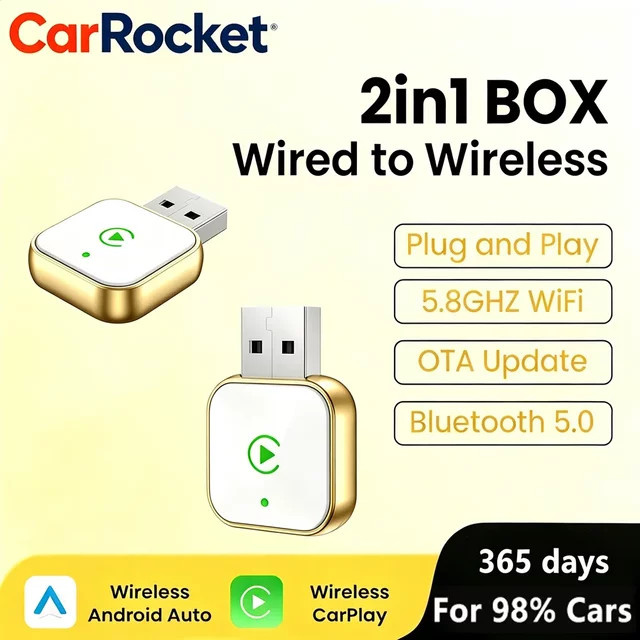 CarRocket 2-in-1 Adapter für kabelloses Apple CarPlay und Android Auto zur Umwandlung von kabelgebunden auf kabellos - Bild 1