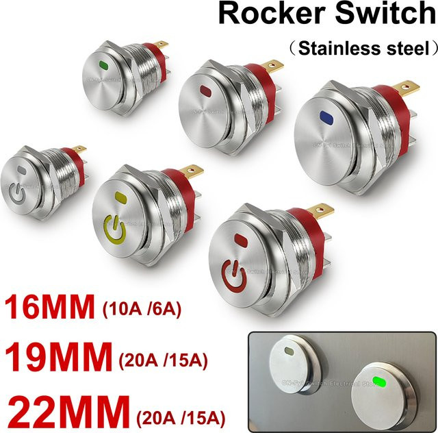 FENGYIELE Metallknopf-Wippschalter aus Edelstahl in Silber, selbstsichernd, 12V/24V/220V, 20A, zwei Positionen EIN-AUS mit 3 Pins - Bild 1