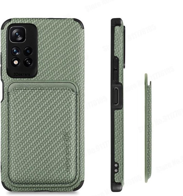 Magnetisches Lederetui mit Kartenschlitz und Kohlefaserabdeckung für Xiaomi Redmi Note 11 Pro, Redmi Note 11 und Redmi 9A in Grün - Bild 1