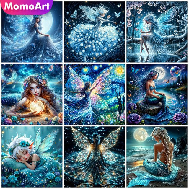 Momoart Diamantmalerei Mädchenporträt mit Flügeln und Meeresansicht als DIY Strass Mosaik Set mit Rundsteinen, Breite: 20 cm, Höhe: 20 cm - Bild 1