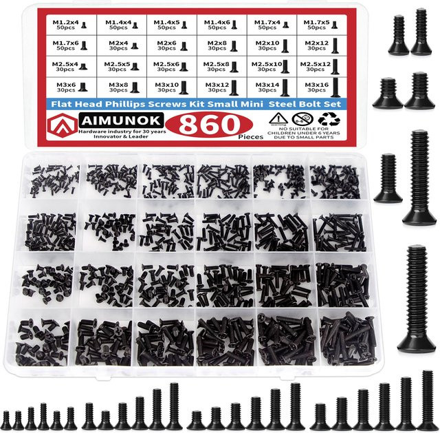 AIMUNOK 860-teiliges Sortiment an Computerschrauben in Schwarz, inklusive M1,2 M1,4 M1,7 M2 M2,5 M3 für PC, Laptop und SSD-Festplatten - Bild 1