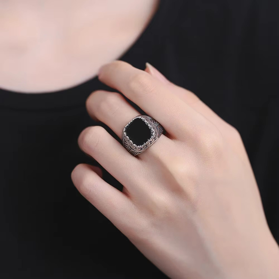 QIBAOKU Ring 925 Silber, Achat, Schwarz, Damen, Vintage - Bild 3