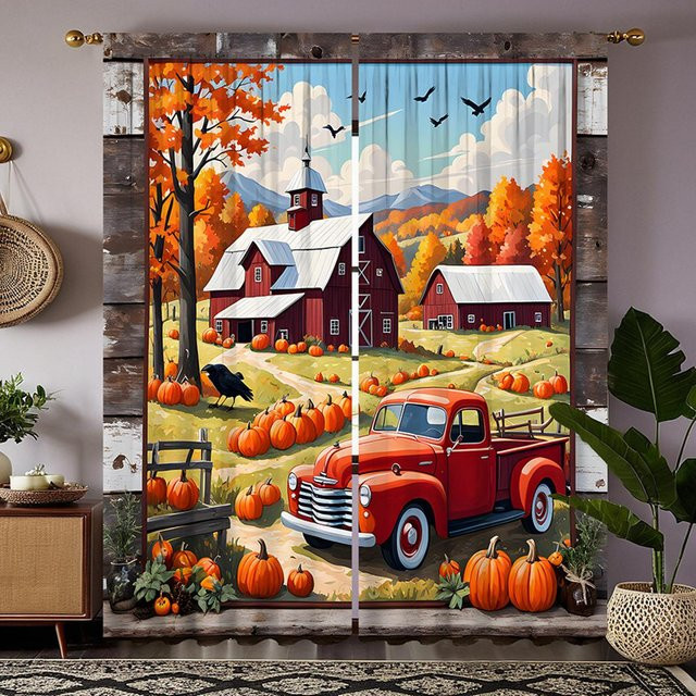 2er-Set Dekovorhang Erntedankfest mit Kürbis- und Berghütten-Motiv in Orange und Gelb, B: 132 cm, H: 160 cm - Bild 1