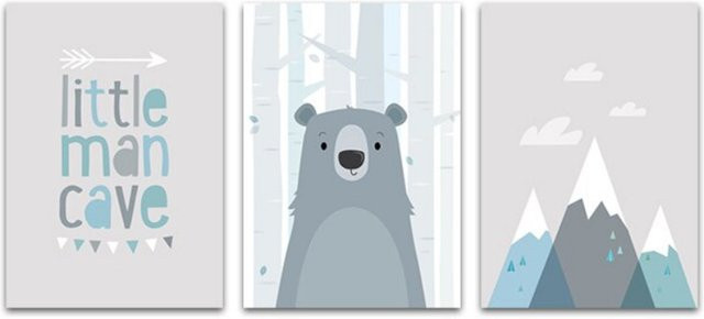 TPFLiving Poster Leinwand Bär und Berge für Kinderzimmer, 3er-Set Illustration in Mehrfarbig, Breite: 30 cm, Höhe: 40 cm - Bild 1