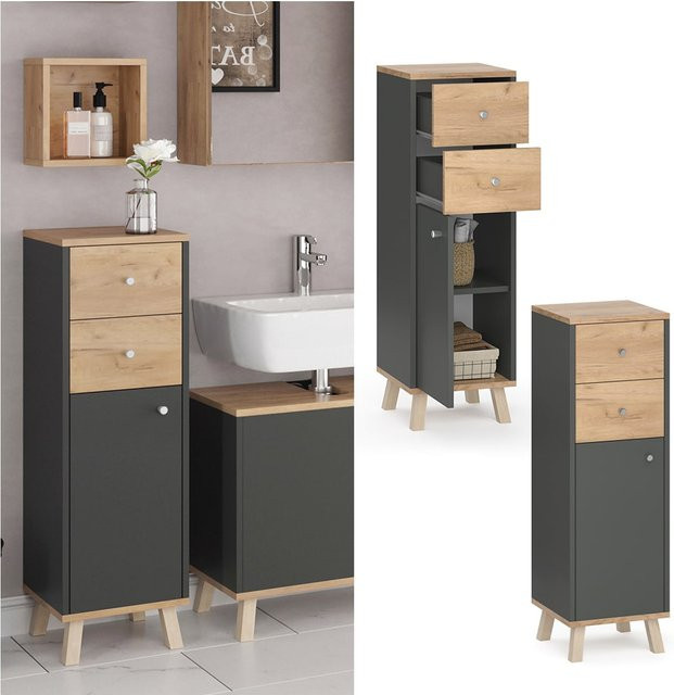 Vicco Midischrank Senyo Badschrank in Anthrazit und Gold mit 2 Schubladen, B: 30 cm, H: 95 cm - Bild 1