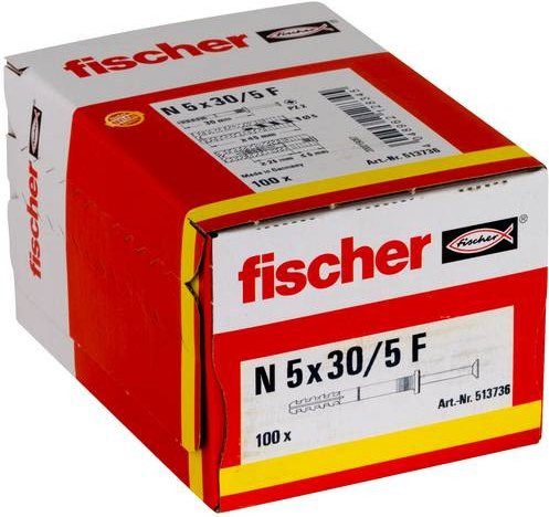 Fischer Nageldübel aus Nylon und Stahl in Weiß, 100 Stück, Länge: 30 mm, Durchmesser: 5 mm - Bild 1