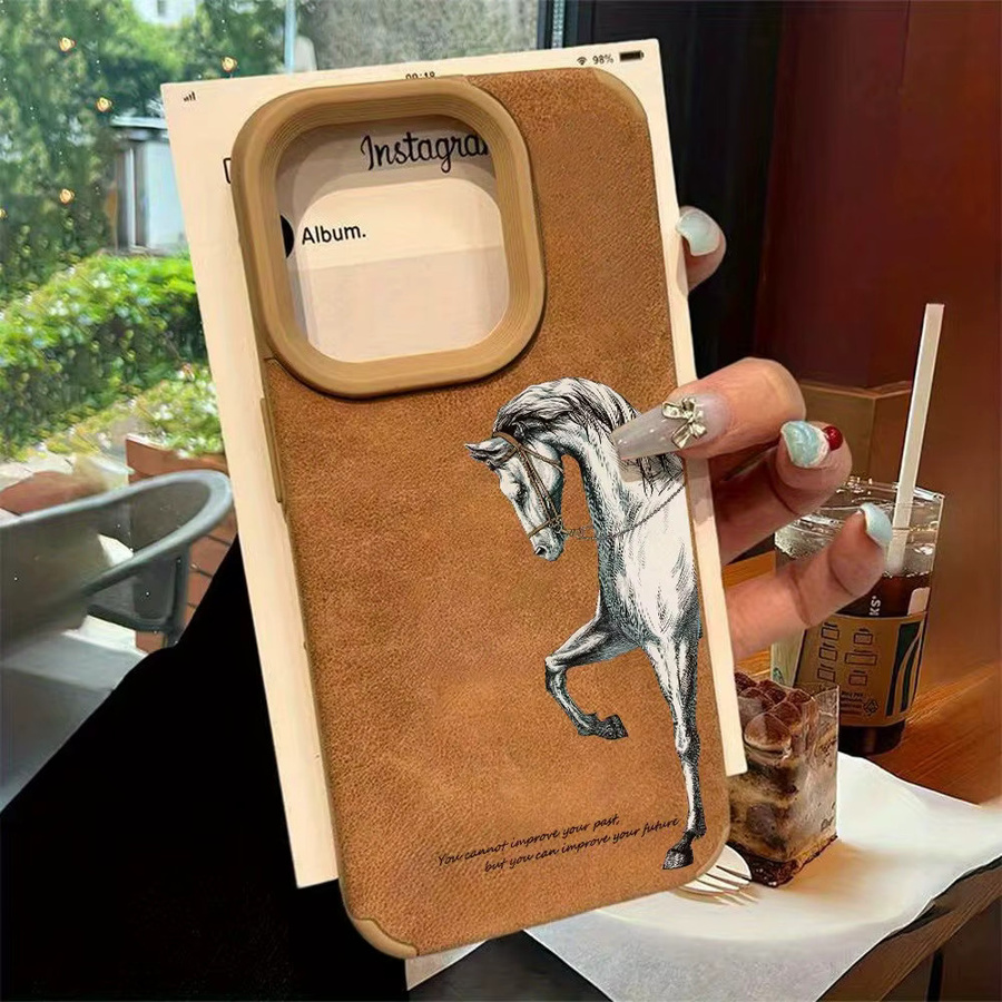 Handyhülle mit weißem Pferdemuster und Lederstruktur aus TPU für iPhone 11 bis iPhone 17 Pro Max Serie - Bild 2