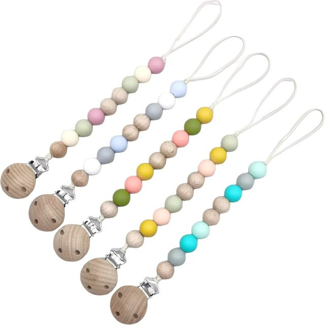 Panplay DIY Baby-Schnullerhalter aus Buche und Silikon mit bunten Perlen als Zahnspielzeug für Kleinkinder - Bild 1
