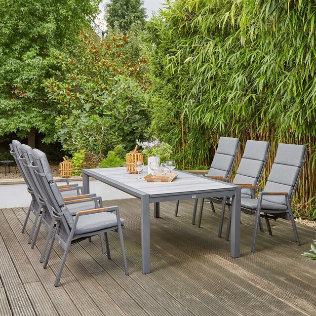Siena Garden Savona/Kingston Garten-Essgruppe aus Aluminium, Teak und Keramik in Matt Graphit/Grau mit ausziehbarem Tisch und 6 Stapelsesseln, Tisch B/T: 220 bis 340 cm, T: 108 cm - Bild 1