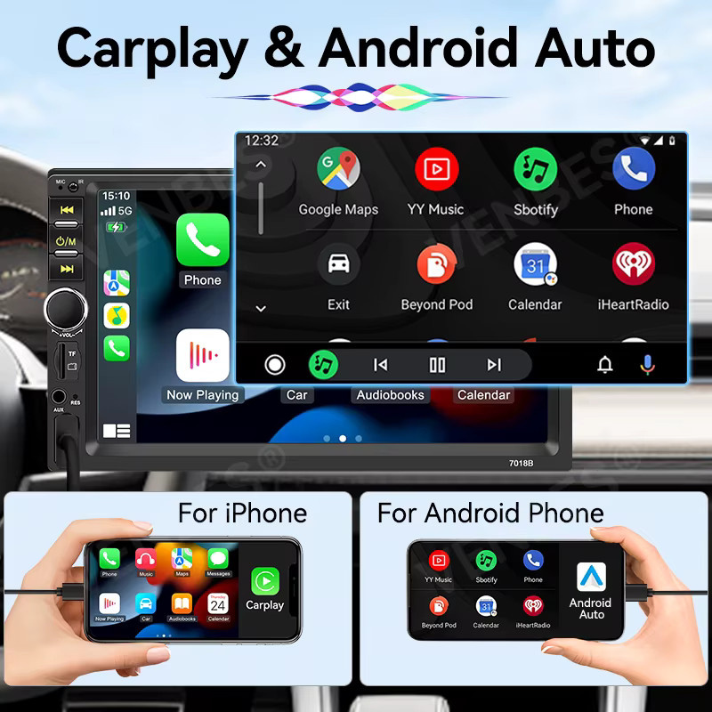 VENBES 1 Din Autoradio mit 7 Zoll Display, CarPlay, Android Auto, Mirror Link, Bluetooth 5.0, USB und wasserdichter Rückfahrkamera in Schwarz - Bild 2