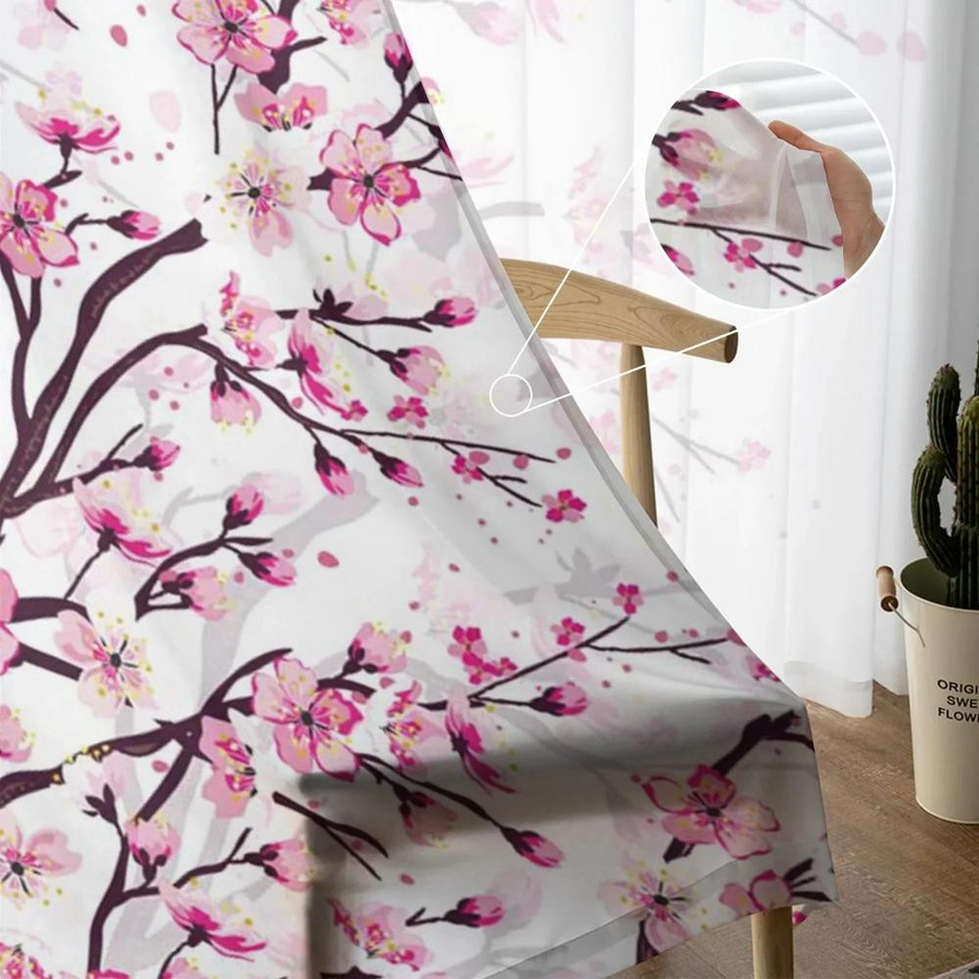 Yiran Furniture Kirschblüten-Pflaumenzweig Voile-Vorhang mit Blumenmuster in Rosa und Weiß, B: 135 cm, H: 215 cm - Bild 2