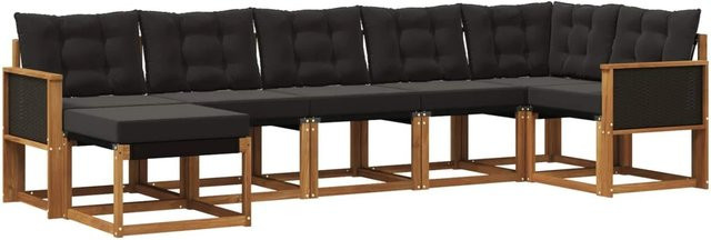 vidaXL Outdoor-Sofagarnitur L-Form aus Akazienholz mit 7 Kissen in Natur und Schwarz - Bild 1