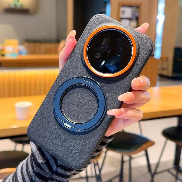 Premium Magnetische Honor Magic 8 Pro Hülle aus Leder mit Litschi-Muster und Metall-Fingerring-Ständer in Schwarz, Blau oder Orange - Bild 1