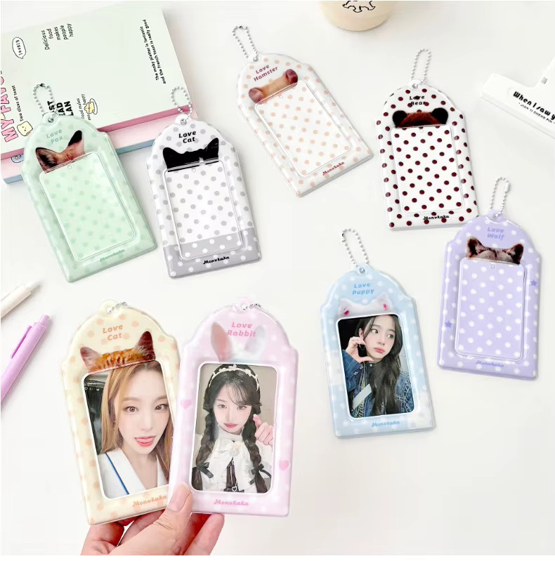 Kawaii Polka Dot Kpop Fotokartenhalter mit Tierohren und Aufbewahrungsbeutel, Multicolor, Kunststoff - Bild 2