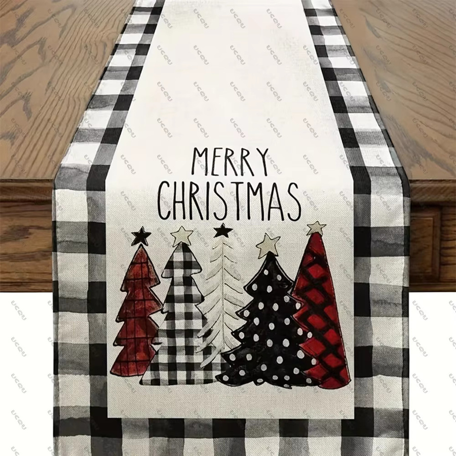 Waterclor Tischläufer Buffalo Plaid Weihnachtsbäume in Schwarz, Dekorativer Stoffläufer aus Leinen für Weihnachten und Partys, B/T/H: 150 x 45 x 30 cm - Bild 3