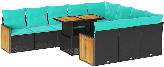 vidaXL 11-teilige Garten-Sofagarnitur aus Poly-Rattan und Akazienholz in Schwarz mit Kissen - Bild 1
