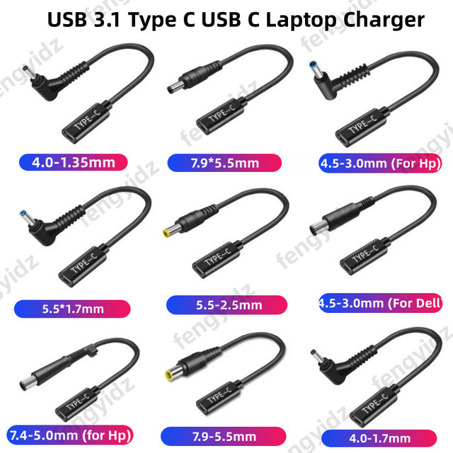 Fengyidz USB C auf DC Netzteil Konverter für Laptop in Schwarz mit verschiedenen Steckergrößen 4,0x1,35mm, 5,5x2,5mm, 4,5x3,0mm und 4,0x1,7mm - Bild 1