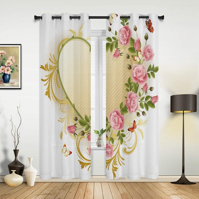 Yiran Furniture Vorhänge für Kinderzimmer mit Blumen und Schmetterlingen in Rosa, 2er-Set, halbtransparent, B: 60 cm, H: 60 cm - Bild 1