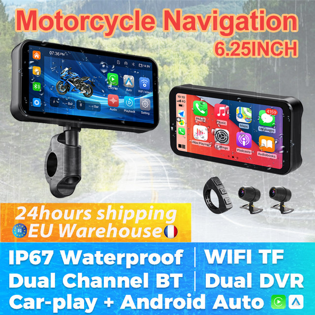 TomoStrong Tragbares Motorrad GPS Navigationsgerät mit 6,25 Zoll Display, IP67 Wasserdicht, Wireless CarPlay und Android Auto, DVR Stick Recorder mit Dual Bluetooth, Schwarz - Bild 1
