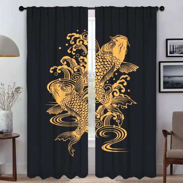 Koi Vorhänge im chinesischen Stil als Verdunkelungsvorhang für Schlafzimmer und Raumteiler, 2 Paneele, Farbe: Schwarz, Breite: 50 cm, Höhe: 70 cm pro Paneel - Bild 1