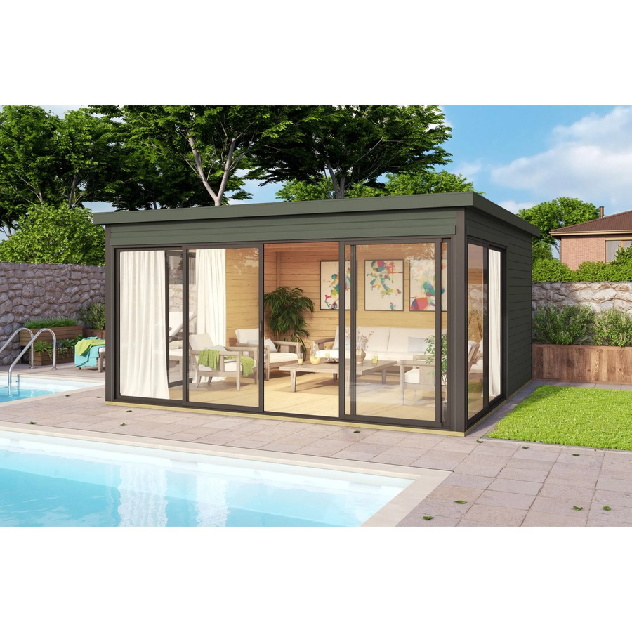 Lasita Holz-Gartenhaus Domeo mit Flachdach in Grau-Grün lasiert, Blockbohlenbauweise, B/T: 418 x 418 cm - Bild 2