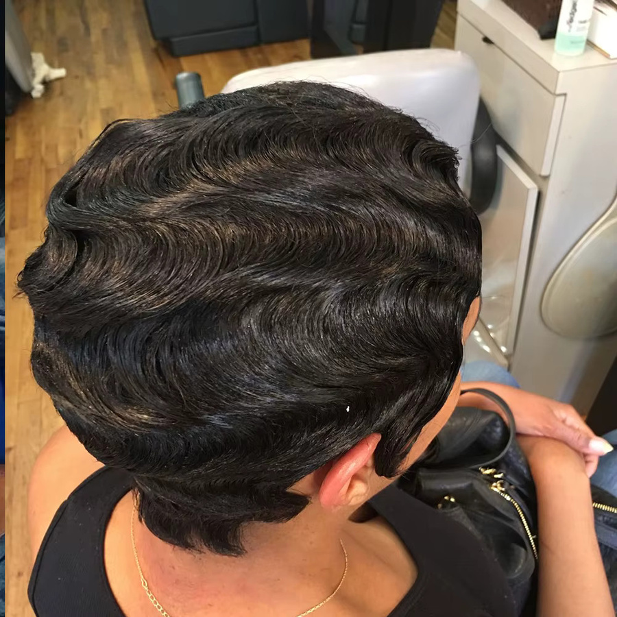 OYM HAIR Haarperücke, Pixie-Schnitt, kurze Fingerwellen, Schwarz, Damen - Bild 2
