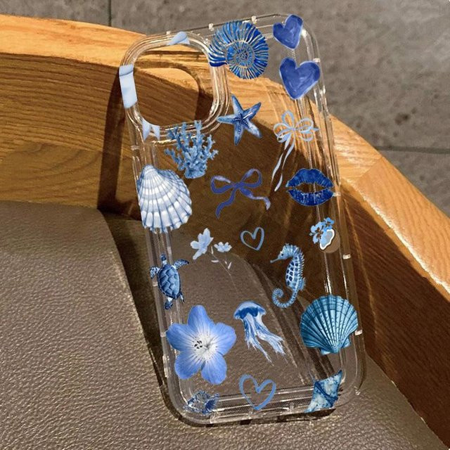 Transparente Handyhülle mit Schildkröten, Hummer und Kokosnuss Muster für iPhone 11 bis iPhone 16 Pro Max von Binchi Health Electronics - Bild 1