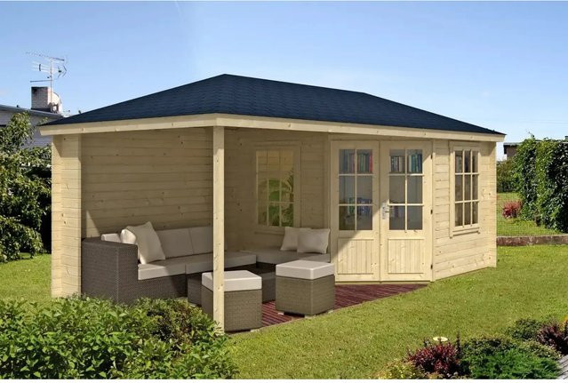Alpholz 5-Eck Gartenhaus Mosel mit Vordach und Walmdach in Blockbohlenbauweise, unbehandelt, B/T/H: 578 x 274 x 260 cm - Bild 1