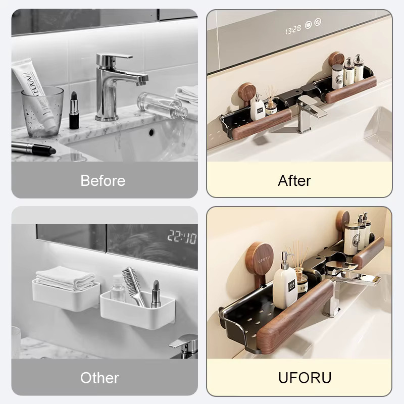 UFORU Badezimmer-Aufbewahrungsregal in Braun im chinesischen Stil mit Saugnapf zur Montage ohne Bohren für Waschtisch und Waschbecken - Bild 3