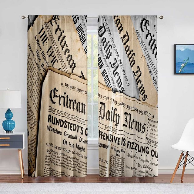 Transparenter Vorhang im Vintage-Stil mit historischem Zeitungsmuster von Binchi Outdoor Equipment, Farbe: Beige, B/H: 100 x 250 cm - Bild 1