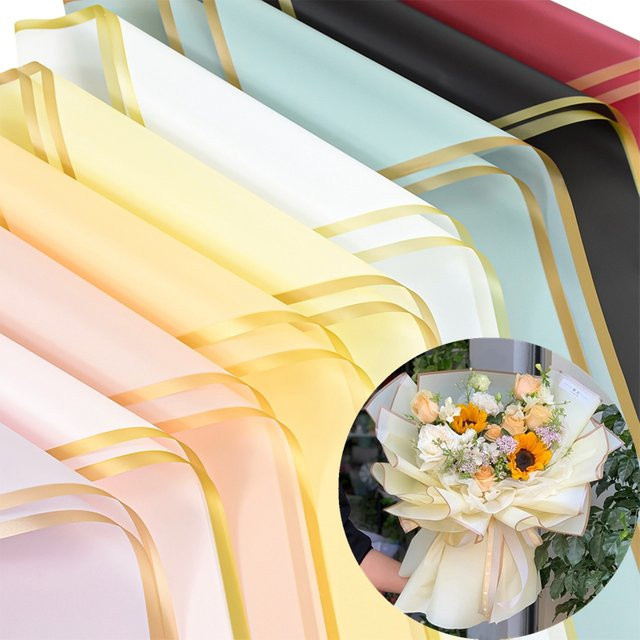5 Stück halbtransparentes Geschenkpapier mit goldenem Rand für Blumensträuße und Geschenke, ideal für Hochzeit, Geburtstag oder Party - Bild 1