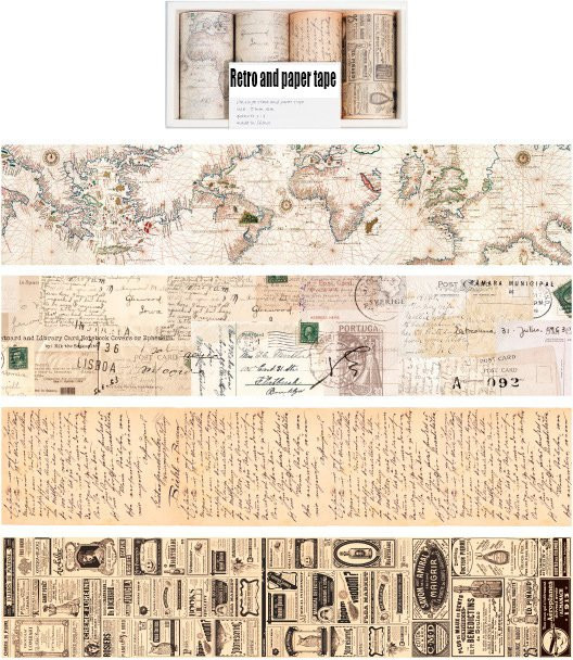 4 Rollen DIY Dekoratives Retro-Zeitungspapier Washi Tape in Beige und Multicolour - Bild 1