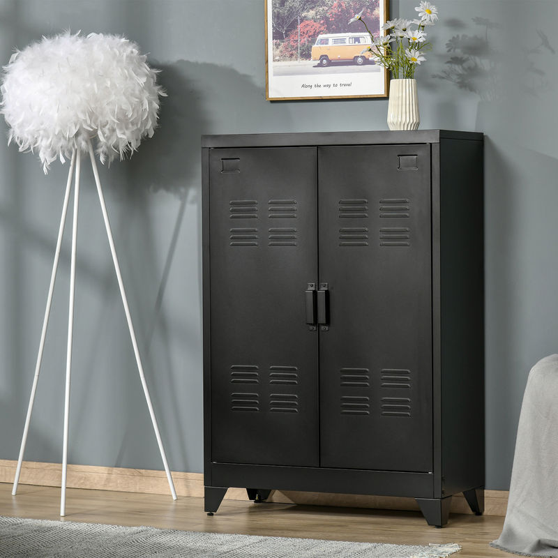 HOMCOM Aktenschrank Sideboard mit Lamellentüren in Schwarz, moderner Lagerschrank mit verstellbaren Einlegeböden für Büro und Wohnraum, B/T/H: 75 x 33 x 110 cm - Bild 2