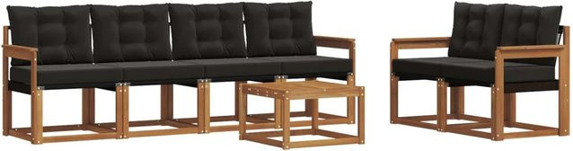 vidaXL Outdoor-Sofagarnitur 7-teilig aus Akazienholz und Textilene in Natur und Schwarz mit Kissen und Tisch - Bild 1