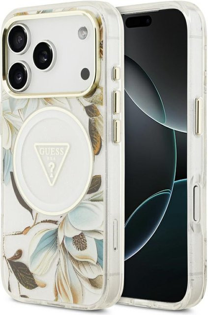 Guess MagSafe-Hülle für Apple iPhone 18 Pro und iPhone 17 Pro, IML Metal Glitter Flowers Triangle, Weiß - Bild 1