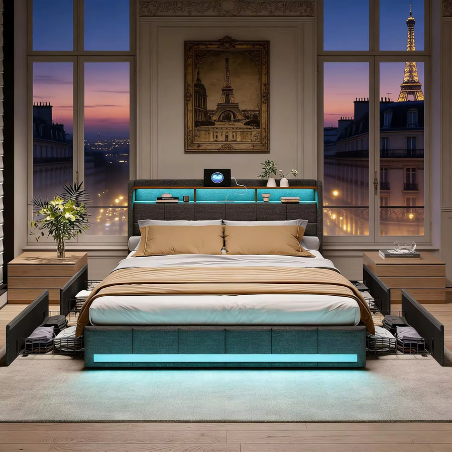 Gepolstertes Doppelbett mit Stauraum und LED-Beleuchtung in Grau, B/T: 180 x 200 cm - Bild 4